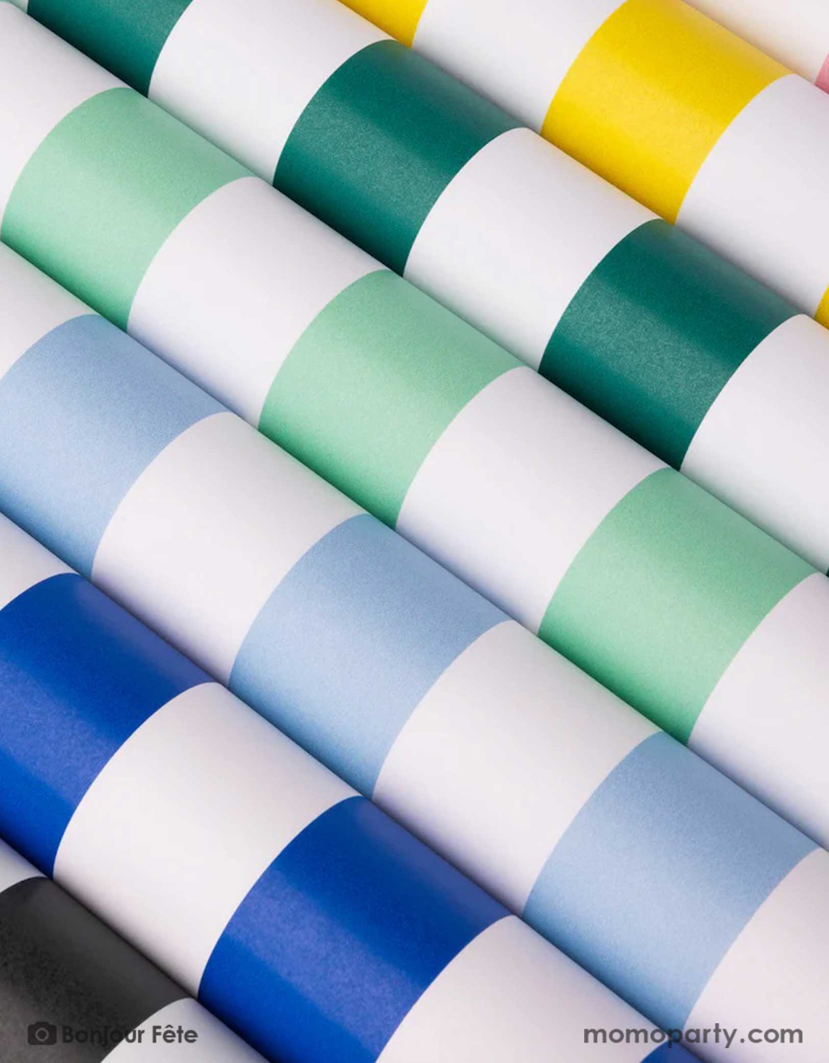 Momo Party's 19.5" x 150" Cabana Stripe Table Runner Collection by Bonjour Fete. Made with FSC-certified paper, these striped table runners come in multiple colors including sky blue, dark blue, yellow, mint, emerald green, yellow, black and more. Made from top-quality fabric and featuring bold, these stylish striped table runner are perfect for brightening up any party.