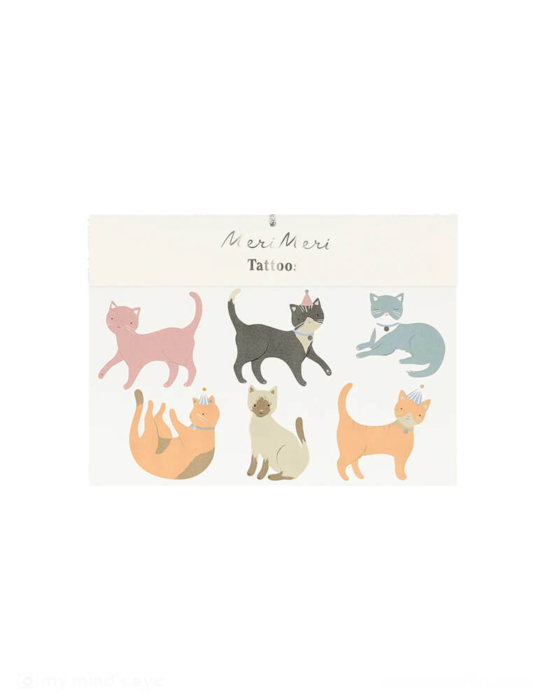 Momo Party's Cat Temporary Tattoos by Meri Meri. Comes in a set of 2 tattoo sheets, these temporary tattoos feature 6 different kind of cat illustrations in birthday hats. They are perfect for kid's birthday party activities and party favors at a kitten cat themed birthday party.