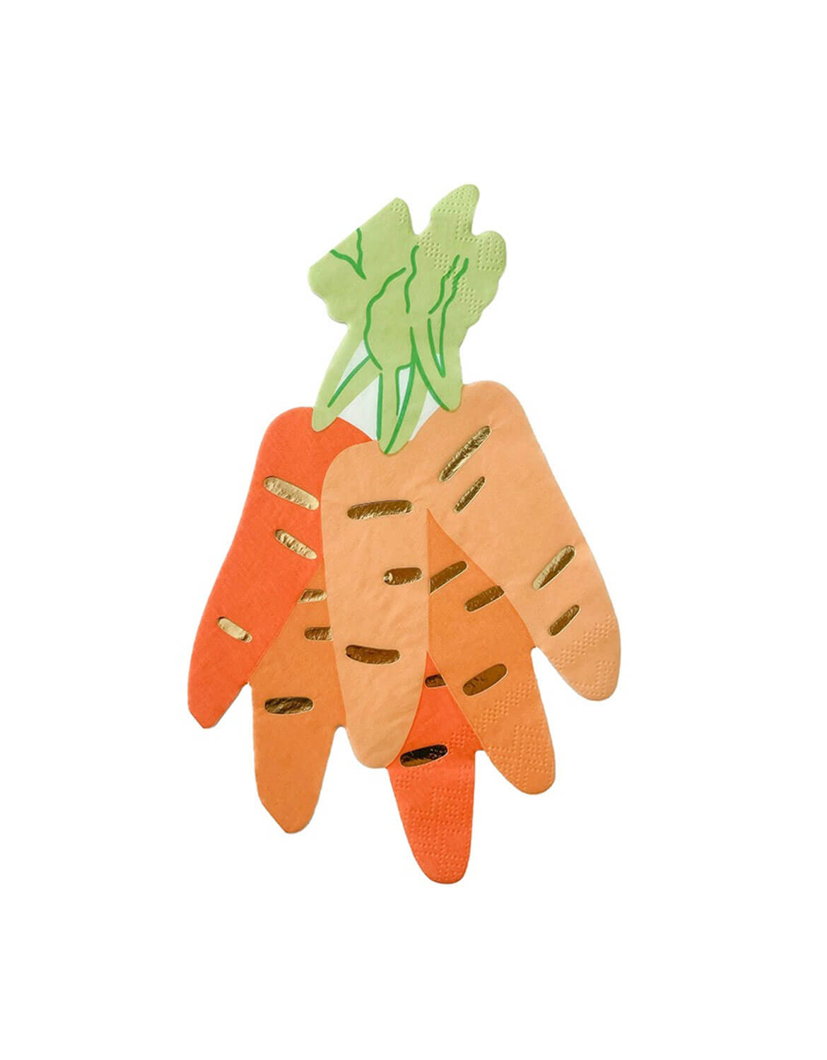 Momo Party's bunch carrots with green tops shaped napkins with gold foil details on a white background.