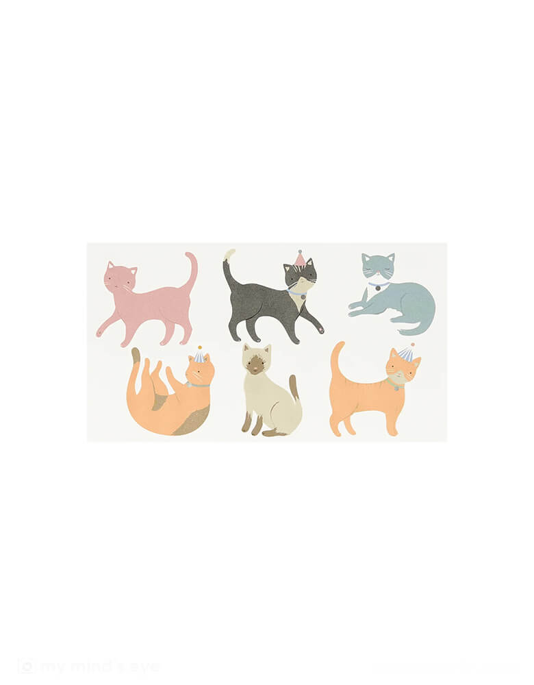 Momo Party's Cat Temporary Tattoos by Meri Meri. Comes in a set of 2 tattoo sheets, these temporary tattoos feature 6 different kind of cat illustrations in birthday hats. They are perfect for kid's birthday party activities and party favors at a kitten cat themed birthday party.