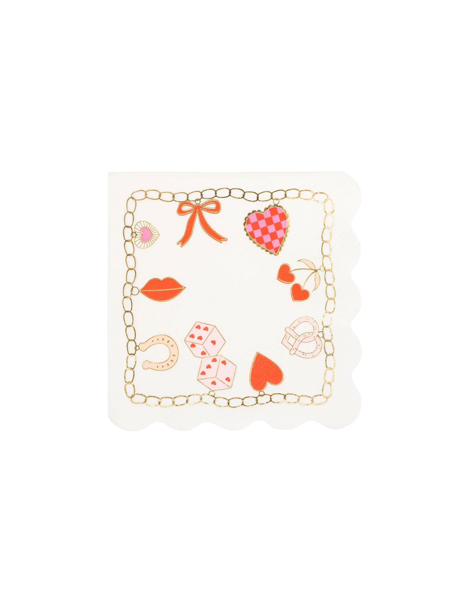 Momo Party's 5" x 5" Valentines Charm Small Napkin featuring various Valentine's Day themed illustrations including heart dices, pink horseshoe, heart shaped cherries, red bow and checkered heart on a gold bracelet charm by My Mind's Eye on a white background.