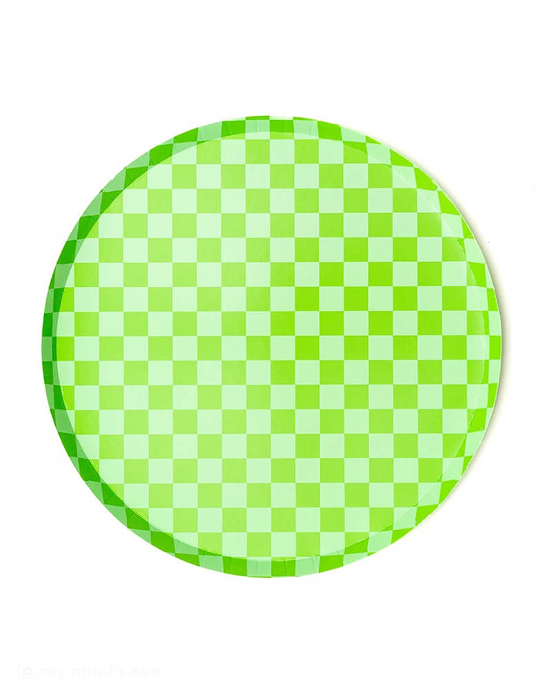Momo Party's 10" Check It! Lime Green Checkered Dinner Plates by Jollity & Co. Inspired by the classic skater shoe, this Check It collection is sure to make your party checklist! The two-tone plates and checkered print dinner plates are perfect for mixing and matching with your favorite party pieces or used as stand-alone items. These lime green checkered plates are perfect for a Toy Story Buzz Lightyear themed birthday party or a St. Patrick's Day celebration.