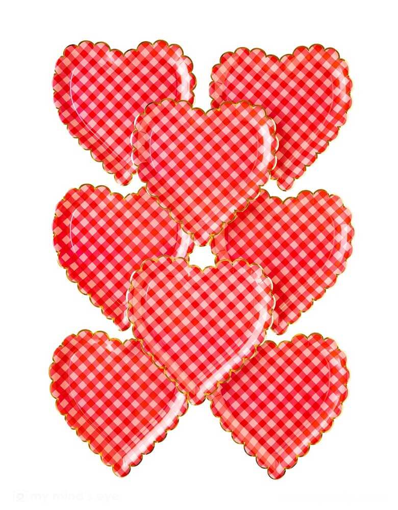 Momo Party's 10" x 10" Checkered Heart Shaped Paper Plates by My Mind's Eye. Comes in a set of 8 plates, these red and pink gingham checkered heart shaped plates are fun and stylish way to serve up snacks, lunches, and dinners. Enjoy the charming pattern - love at first sight!