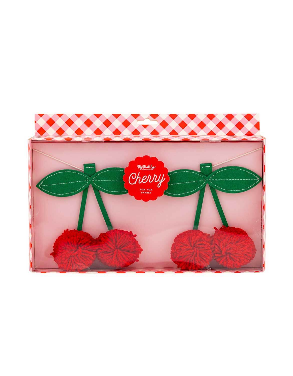 The package of Momo Party's Cherry Felt Party Banner with green leaves by My Mind's Eye on a white background.