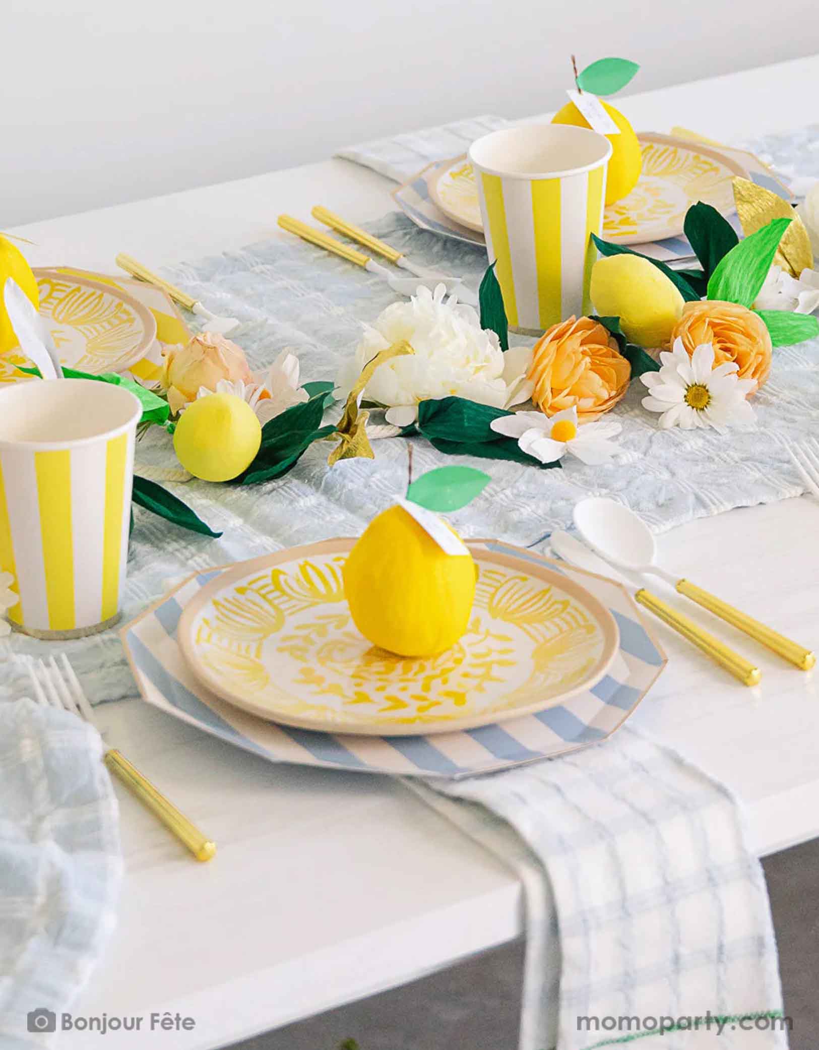 A stunning tableset in a Summer Party Capri Inspired party by Momo Party! Bursting with colors and textures, this stylish setting combines the vibrant striped aesthetics in yellow and sky blue of Capri with the refreshing citrus vibes of lemons and gingham checker patterns. Your guests will be transported to a picturesque seaside Italian village as they enjoy their summer feast underneath these enchanting decorations.