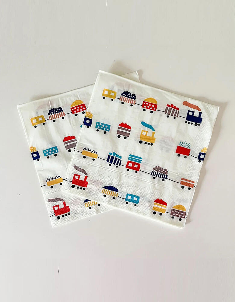 Momo Party's 6.5" x 6.5 " Choo Choo Train Large Napkins by Josi James. With adorable design in bright colors, they are perfect for a train-themed party, these colorful napkins will add a touch of cuteness to any toddler's celebration. All aboard the fun train!