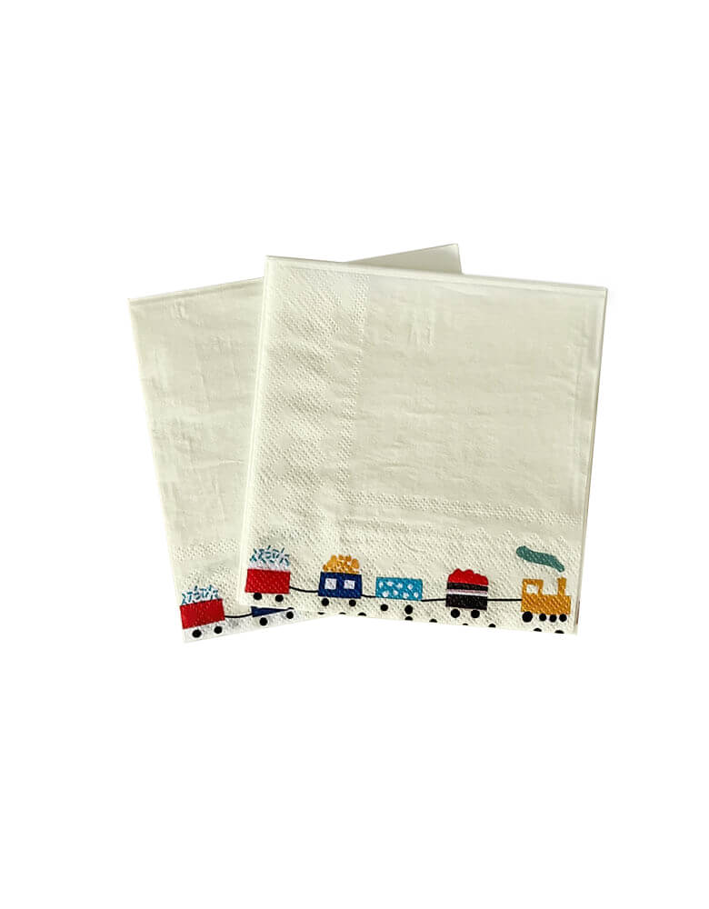 Momo Party's 5" x 5" Choo Choo Train Small Napkins by Josi James. Featuring adorable train in cute illustration of kid's friendly colors like red, blue, and yellow at the edge of the napkins, these napkins are great additions to kid's train themed birthday party, especially for toddler's "Chugga Chugga Choo Choo" train themed second birthday party.