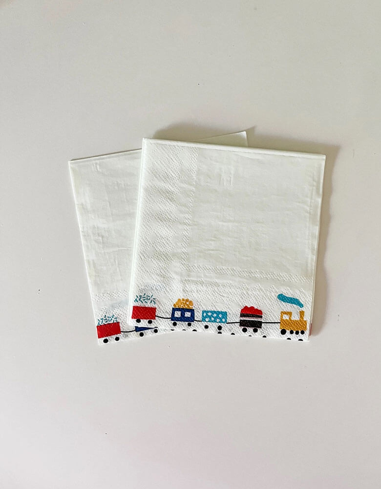 Momo Party's 5" x 5" Choo Choo Train Small Napkins by Josi James. Featuring adorable train in cute illustration of kid's friendly colors like red, blue, and yellow at the edge of the napkins, these napkins are great additions to kid's train themed birthday party, especially for toddler's "Chugga Chugga Choo Choo" train themed second birthday party.