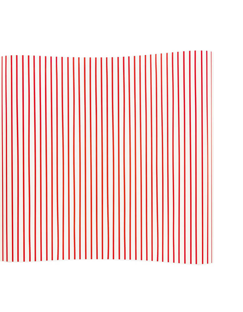 Momo Party's 16 x 120" Christmas Baubles Red Pinstripe Paper Table Runner by My Mind's Eye. Featuring a traditional read and cream pinstripe pattern, this table runner is a perfect addition to a festive tablescape at both traditional and modern themed Christmas parties. No matter the holiday party that you are planning, this festive table runner will bring a fun holiday spirit to your table
