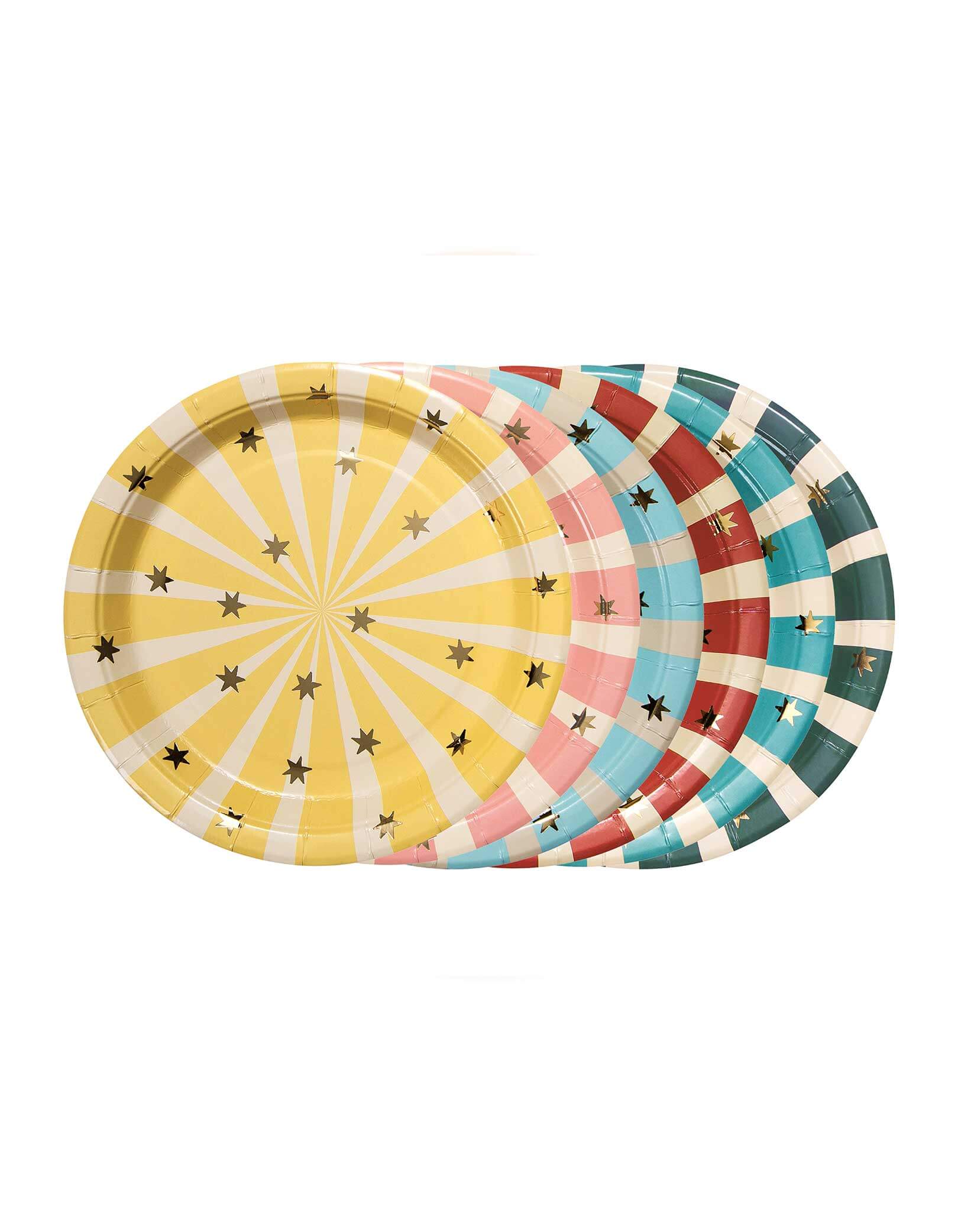 Momo Party's 7" Circus Striped Plate Set by Party Deco. This set of 6 plates features vibrant stripes in 6 different colors and a charming gold star design, adding a touch of carnival magic to any meal. They're perfect additions to your circus or carnival themed party table!