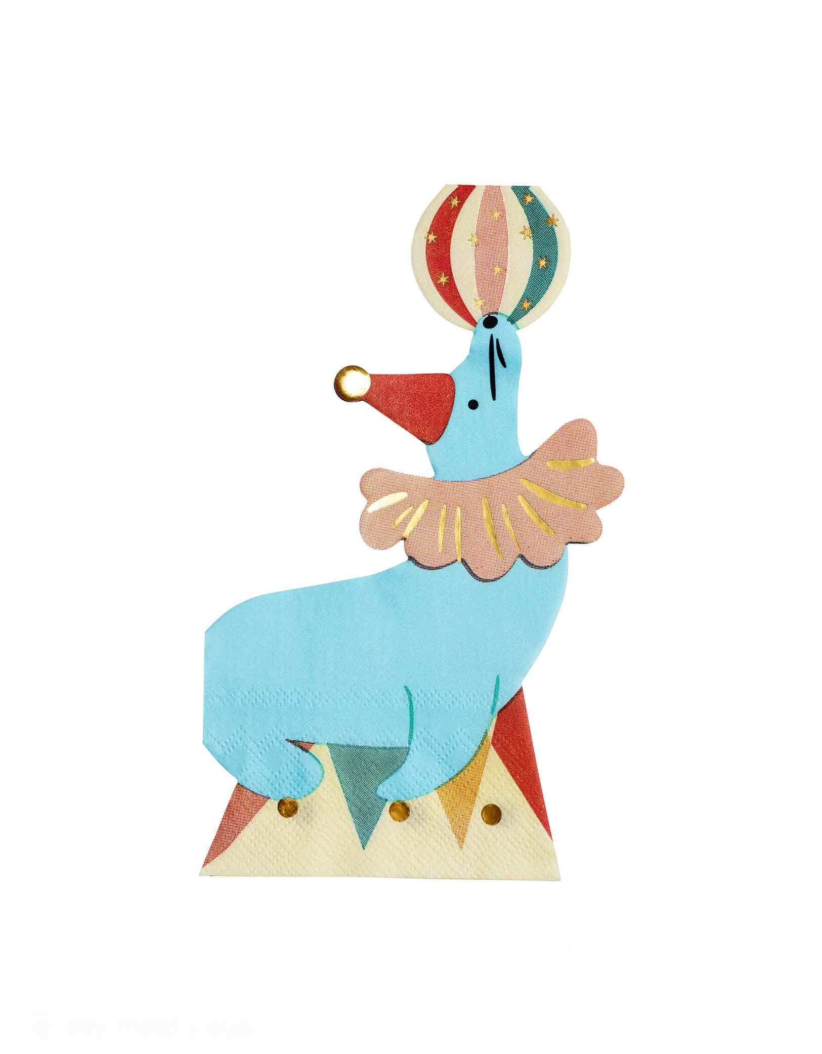 Momo Party's 4.3" x 6.7" Circus Sea Lion Shaped Napkin by Party Deco. These fun and festive napkins feature a playful sea lion balancing a ball, adding a touch of cuteness and whimsy to your circus or carnival party table setting.