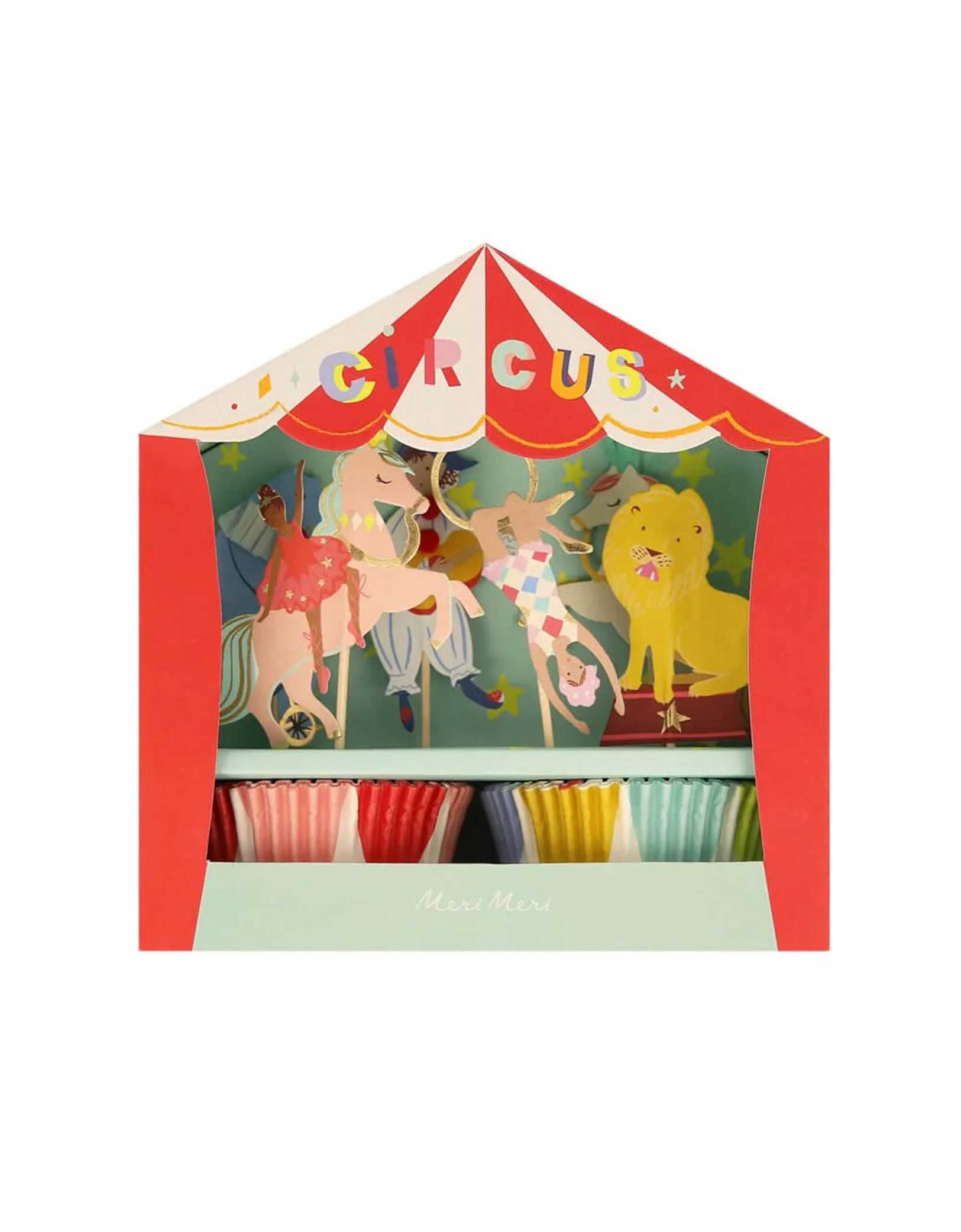 Momo Party's Circus-themed cupcake kit in a decorative box with a red and white striped roof by Meri Meri.