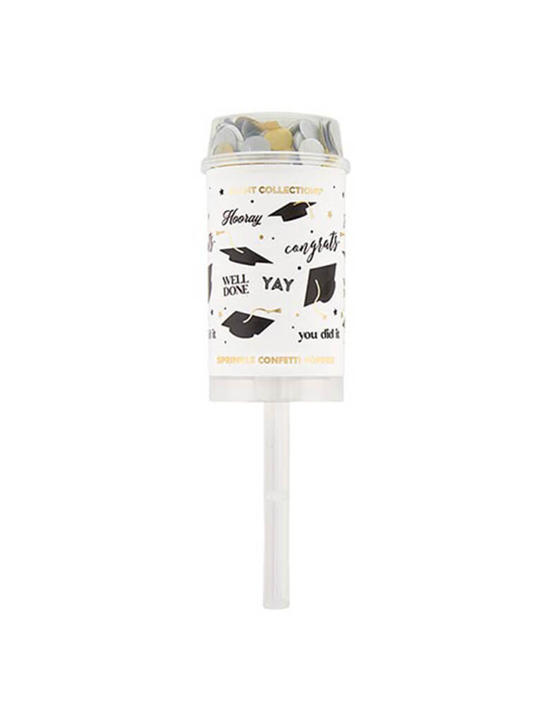 Momo Party's Party Poppers - Graduation Multi by Slant. With fun confetti in the classic graduation colors of black, gold, and silver, the popper adds a special touch to any graduation celebration! 