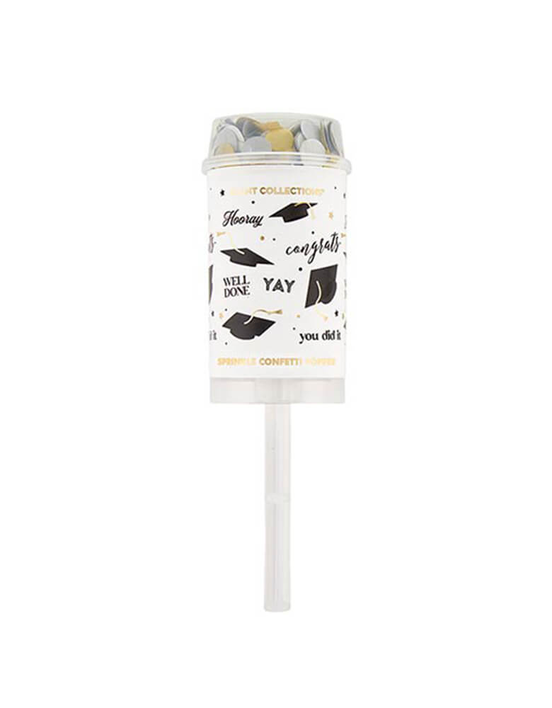 Momo Party's Party Poppers - Graduation Multi by Slant. With fun confetti in the classic graduation colors of black, gold, and silver, the popper adds a special touch to any graduation celebration!