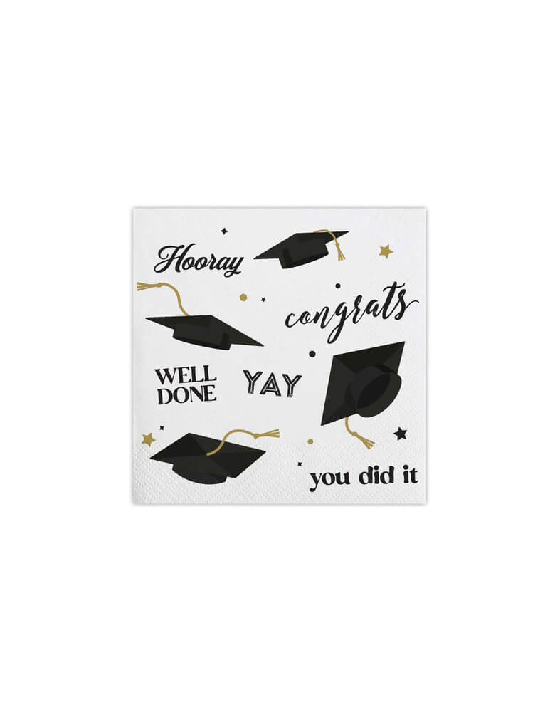 Momo Party's  - Graduation Multi Beverage Napkins by Slant.  Each pack has 20 napkins, featuring a stylish graduation cap and a hearty, "Hooray!" Now that's a graduation party!