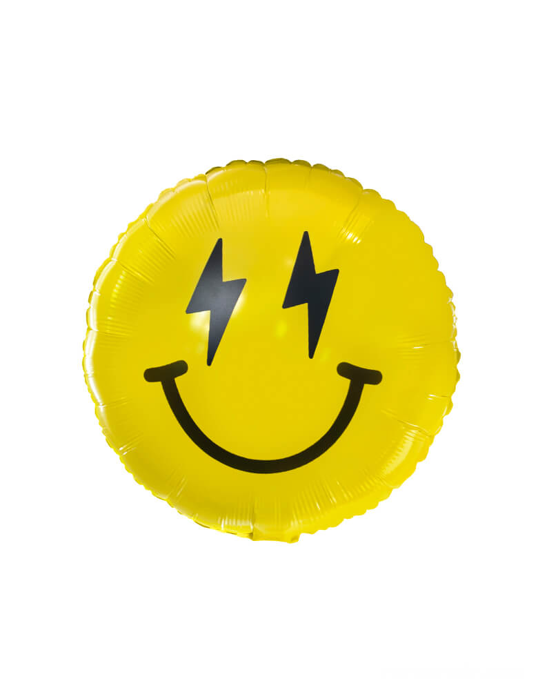 Discover the Cool Dude Smiley Foil Balloon Kit by Momo Party. This kit includes an 18" yellow round foil balloon adorned with lightning bolt eyes and a smiley face vinyl sticker. Simply inflate the round foil balloon and apply the stickers to the center to create a super rad decoration! Perfect for a boy's 'One Happy Dude' themed first birthday, a 'Two Cool' themed second birthday party, 'Ten Rad Years' 10th birthday celebration, or any modern kids birthday party and celebration 