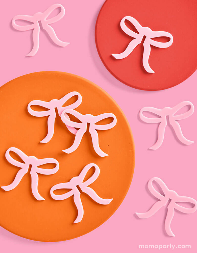 Momo Party's coquette bow drink markers made with Durable acrylic material by Xo, Fetti. Whether it's a bday, bridal shower, or a bachelorette party, celebrate in bow bliss with these super cute drink markers.