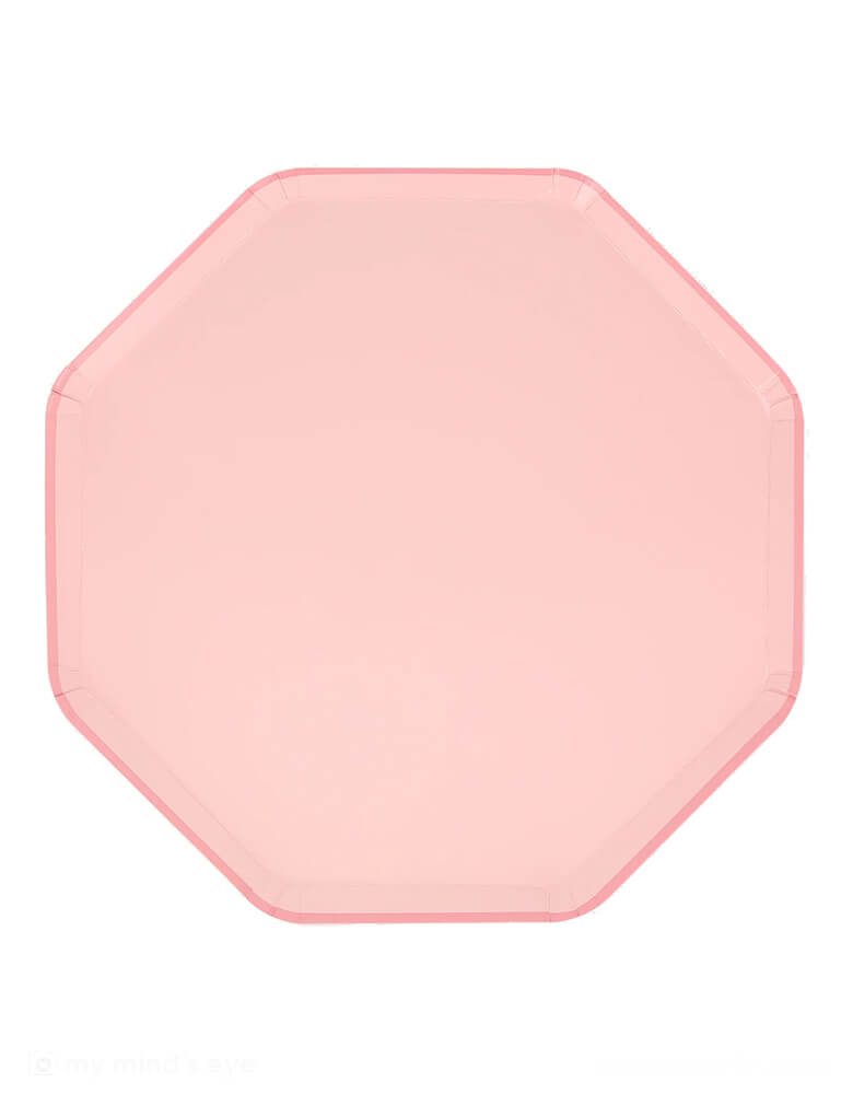 Momo Party's 10.25" x 10.25" Cotton Candy Pink Dinner Plates by Meri Meri. Comes in a set of 8 paper plates, with the octagonal shape, and the color on the front and back, these elegant pink dinner plates are perfect for your everyday celebration, be it a princess, fairy or tea party, a baby girl shower, or a spring gatherings with friends and family. 