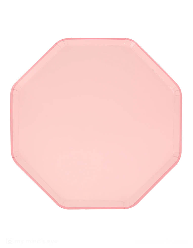 Momo Party's 10.25" x 10.25" Cotton Candy Pink Dinner Plates by Meri Meri. Comes in a set of 8 paper plates, with the octagonal shape, and the color on the front and back, these elegant pink dinner plates are perfect for your everyday celebration, be it a princess, fairy or tea party, a baby girl shower, or a spring gatherings with friends and family.