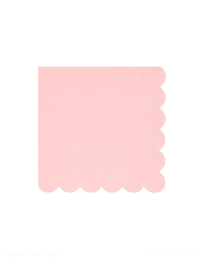Momo Party's 6.5" x 6.5" Cotton Candy Pink Large napkins by Meri Meri. Comes in a set of 16 paper napkins, with the scallop edge, these elegant pink napkins are perfect for your everyday celebration, be it a princess, fairy or tea party, a baby girl shower, or a spring gatherings with friends and family.