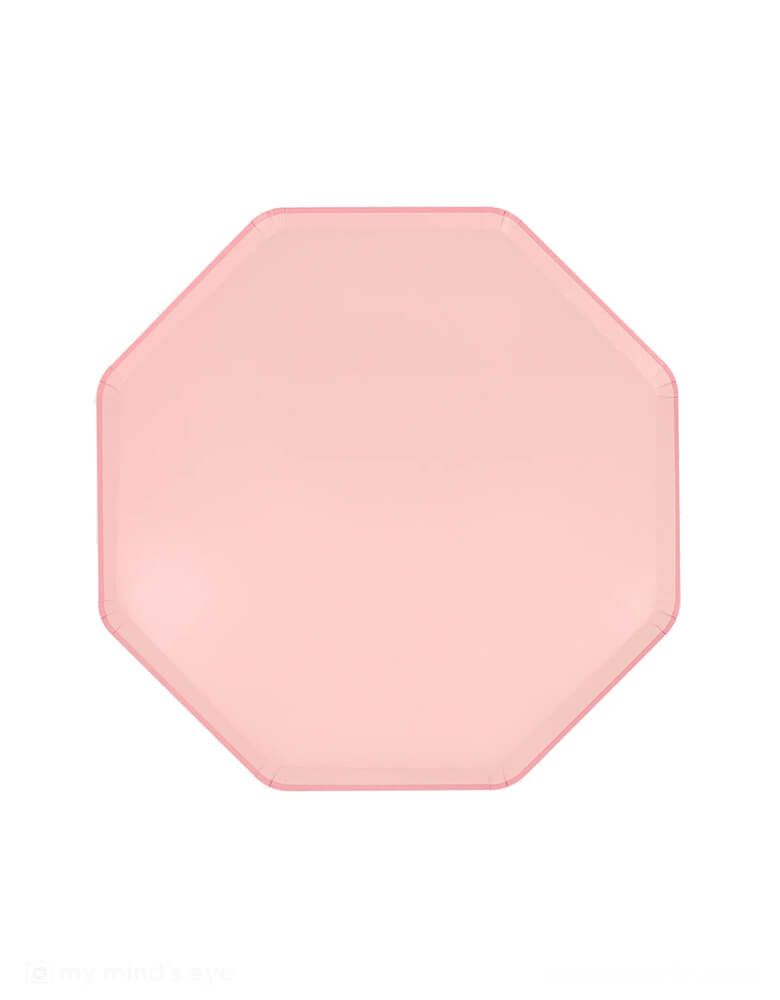  Momo Party's 8.25" x 8.25" Cotton Candy Pink Side Plates by Meri Meri. Comes in a set of 8 paper plates, with the octagonal shape, and the color on the front and back, these elegant pink dinner plates are perfect for your everyday celebration, be it a princess, fairy or tea party, a baby girl shower, or a spring gatherings with friends and family.