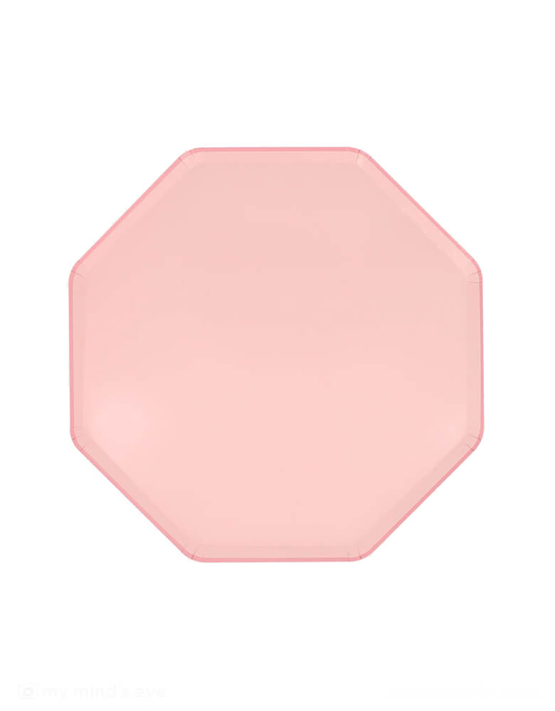 Momo Party's 8.25" x 8.25" Cotton Candy Pink Side Plates by Meri Meri. Comes in a set of 8 paper plates, with the octagonal shape, and the color on the front and back, these elegant pink dinner plates are perfect for your everyday celebration, be it a princess, fairy or tea party, a baby girl shower, or a spring gatherings with friends and family.