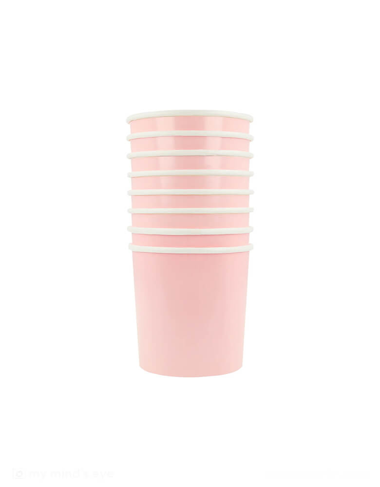 Momo Party's 9oz Cotton Candy Pink Tumbler Cups by Meri Meri. Comes in a set of 8 paper cups, these elegant pink party cups are perfect for your everyday celebration, be it a princess, fairy or tea party, a baby girl shower, or a spring gatherings with friends and family.