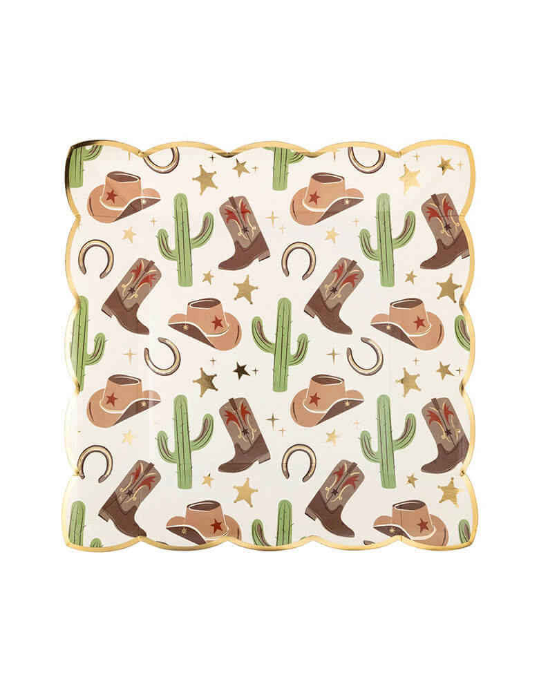 Momo Party's 9" x 9" Cowboy Scattered Icons Plates by My Mind's Eye. Comes in a set of 8 plates, this paper plate is perfect for any cowboy themed party, featuring playful icons that will add a touch of whimsy to your gathering. Serve up some delicious grub and let the good times roll!
