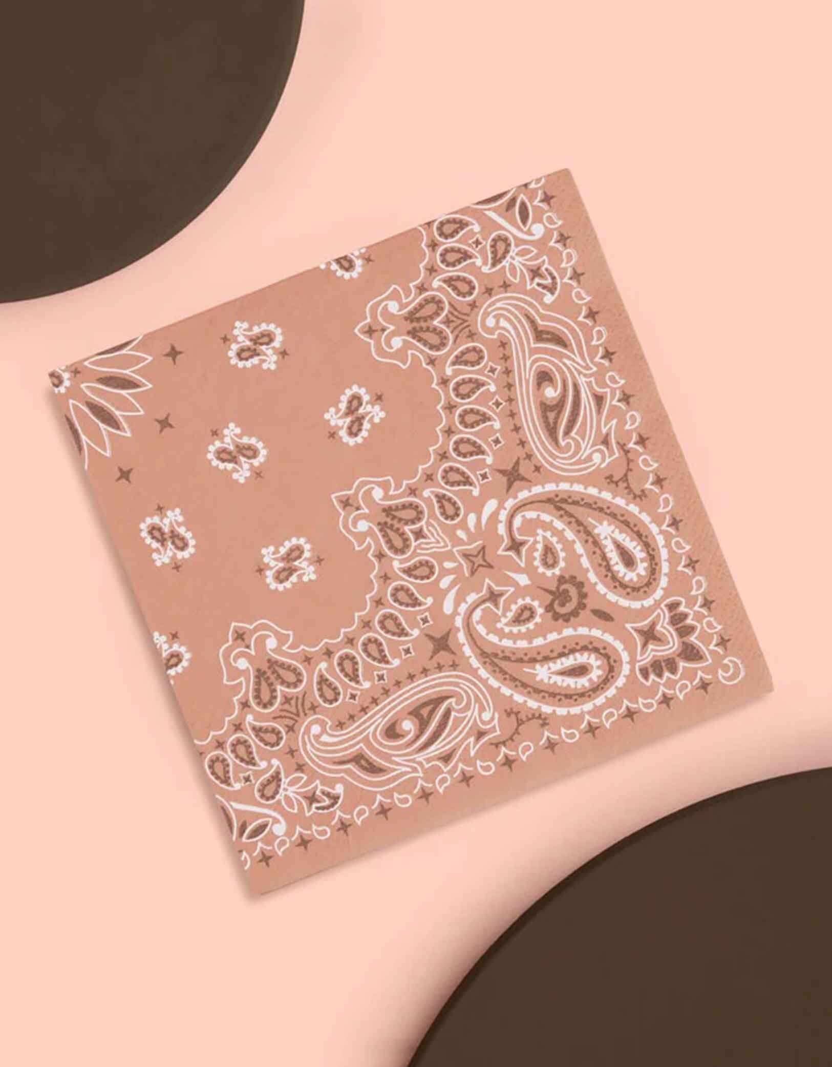 Momo Party's 5" x 5" brown bandana small napkin with white paisley pattern on a beige background.