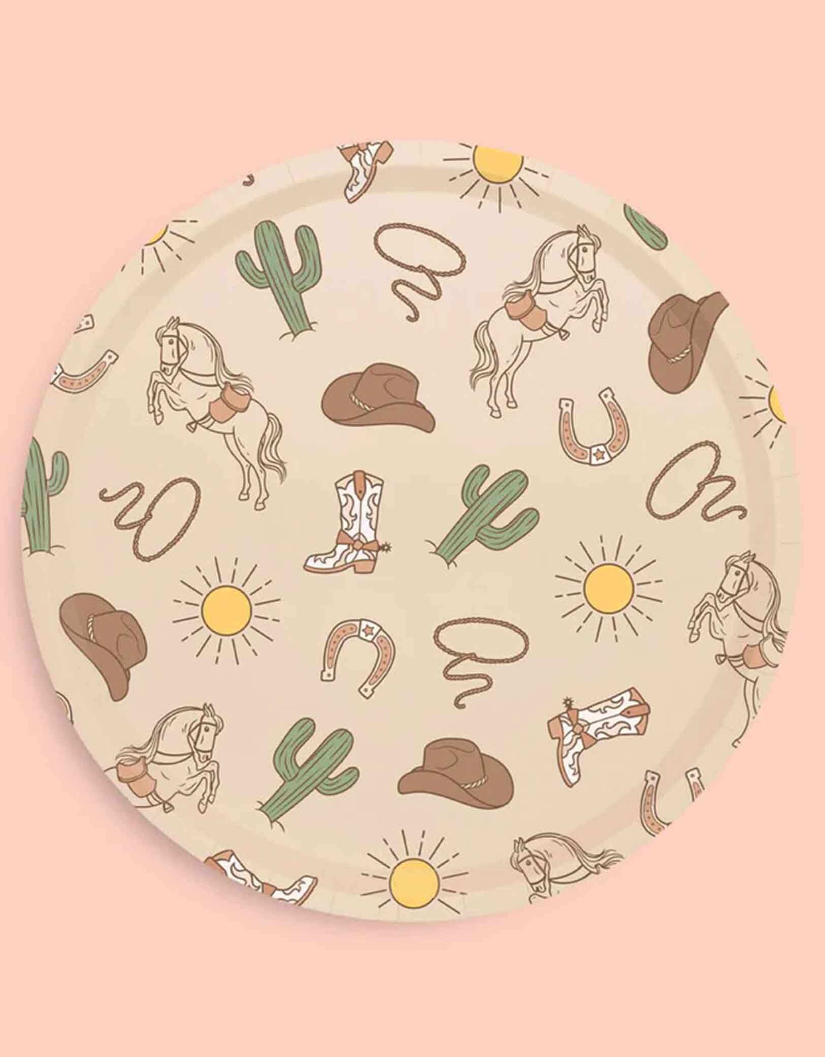 Momo Party's 9" Western themed party plate with cowboy-themed illustrations on a pink background.