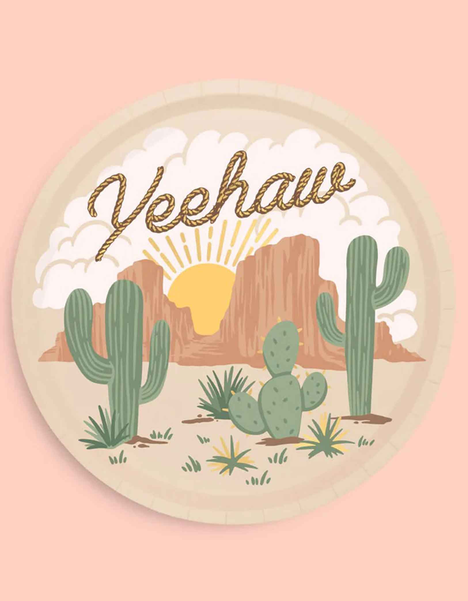 Momo Party's 9" Western themed party plate with 'Yeehaw' text, cacti, desert and a cowboy hat on a pink background.