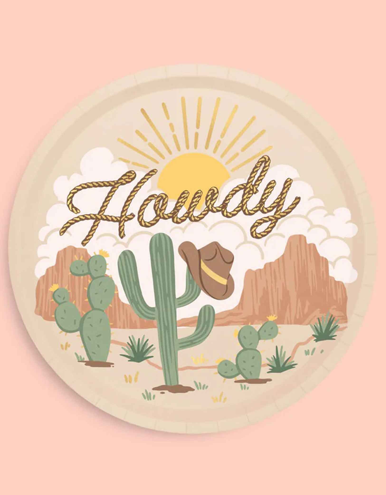 Momo Party's 9" Western themed party plate with 'Howdy' text, cacti, desert and a cowboy hat on a pink background.