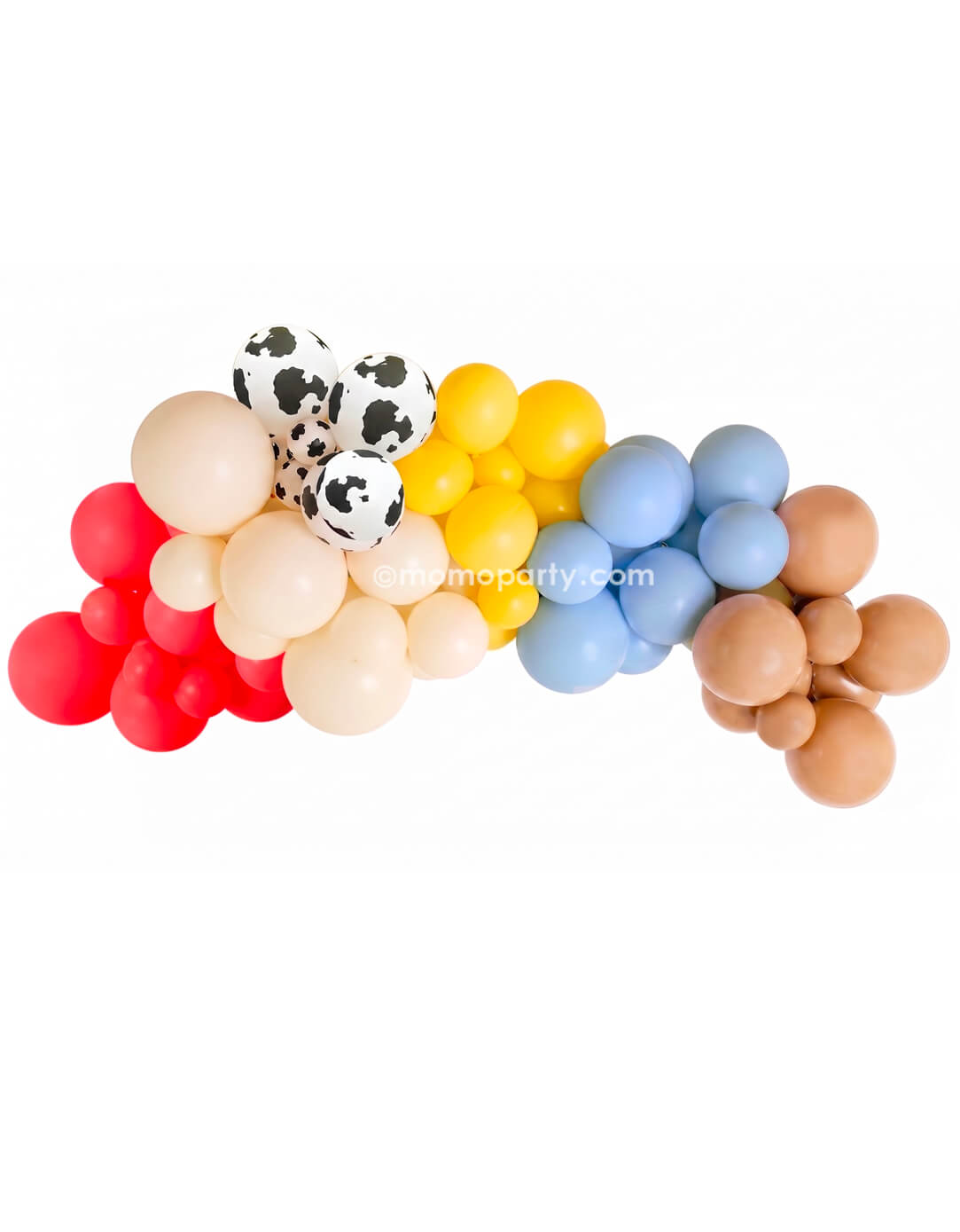 Momo Party's 8 ft Toy Story Inspired Balloon Cloud Kit! Featuring a playful palette of sky blue, yellow, cream, peach, and cow print balloons in variety size on the white background, this organic garland creates the perfect backdrop for Toy Story birthdays, baby showers, and Cowboy Cowgirl themed parties.