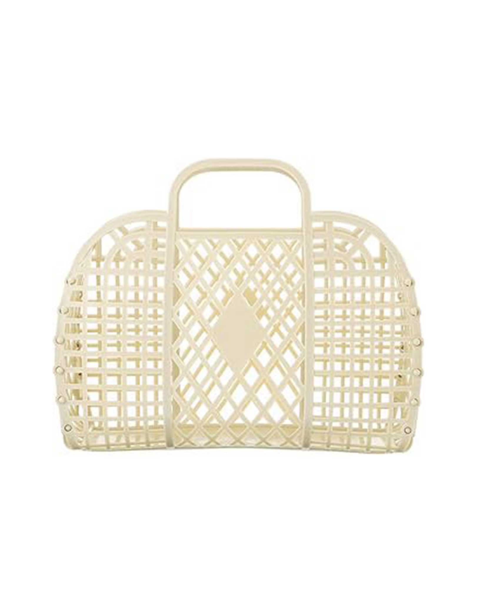 Momo Party's 9.45" x 3.74" x 8.07" cream jelly tote bag vintage basket. This adorable plastic basket is perfect for pool parties and beach days. Lightweight yet sturdy, it carries all your essentials while adding a pop of pink to your poolside style. Cute, practical, and ready for fun in the sun! Perfect for toys, snacks and accessories, it also makes perfect take-home goodie bag at a pool party!