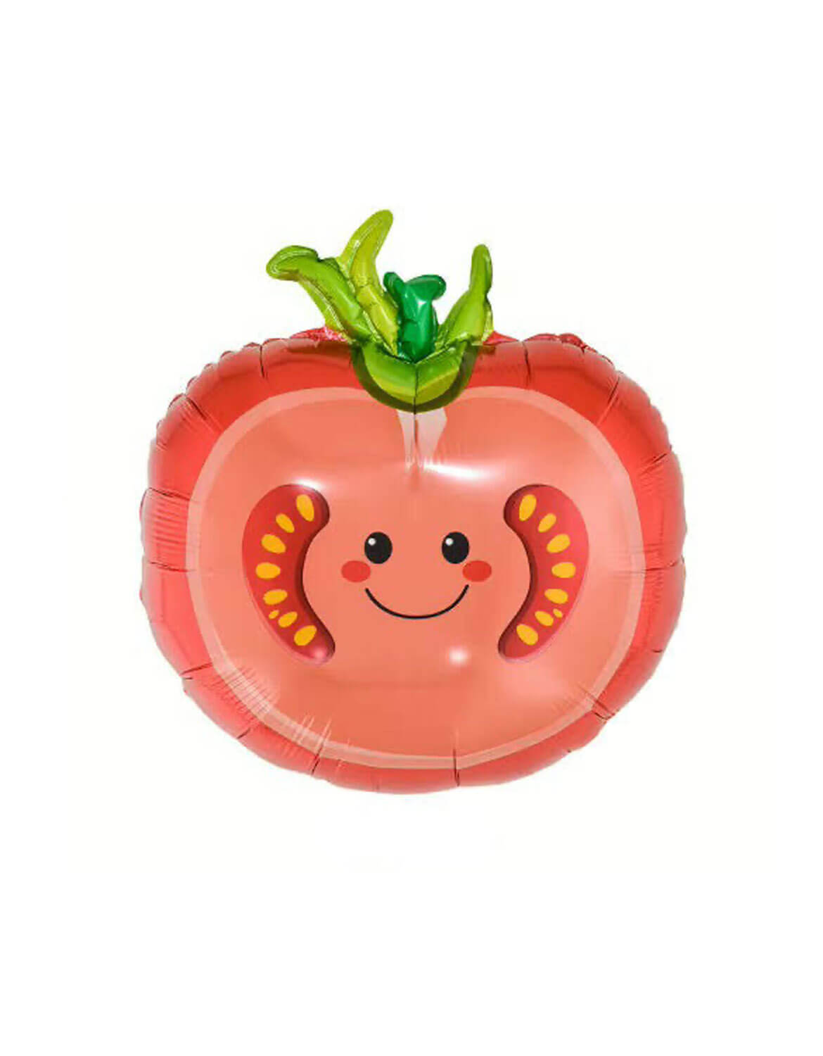 Momo Party's 22" inflatable tomato-shaped foil balloon with a smiling face on a white background.