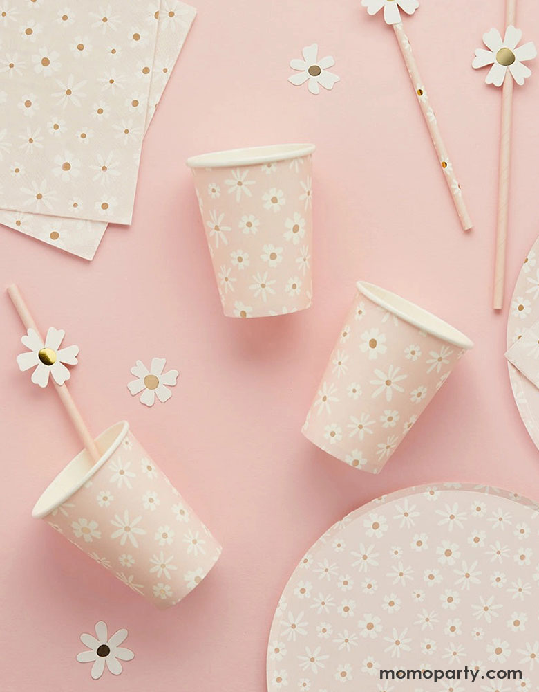 Momo Party's Daisy Paper Straws along with Napkins, party cups and paper plates by Hooty Balloo. Comes in a set of 16 straws, these darling paper straws in blush are perfect for a spring inspired party or Mother's Day celebration.