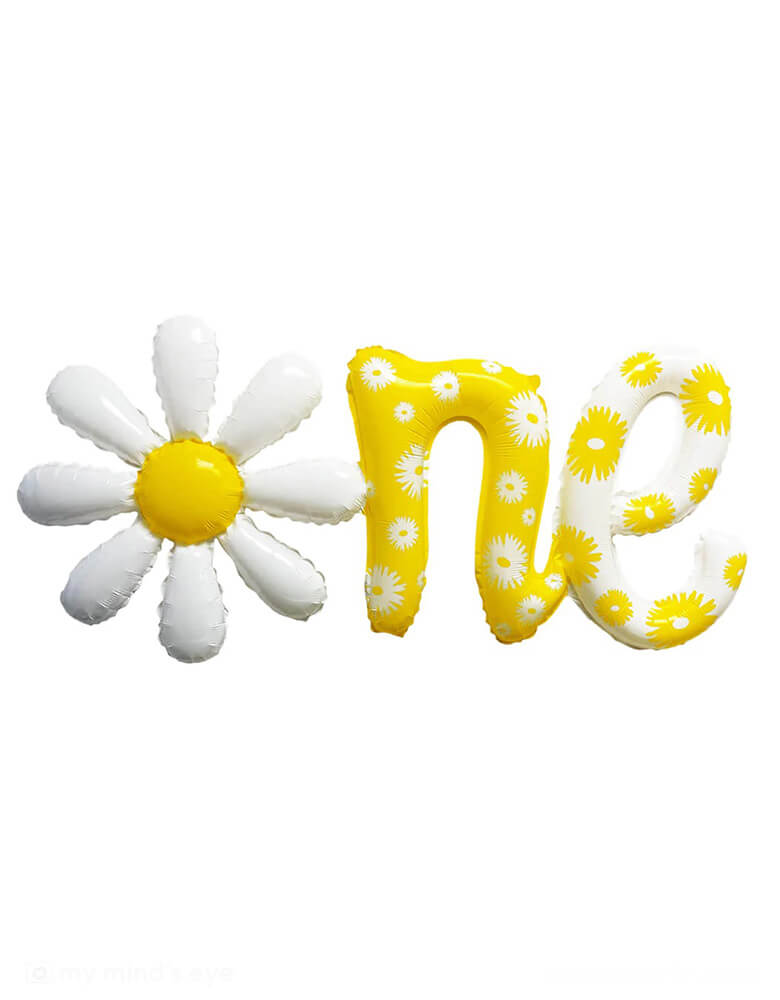 Momo Party's yellow Daisy One Script Foil Balloon. Perfect for girl's daisy themed first birthday party.