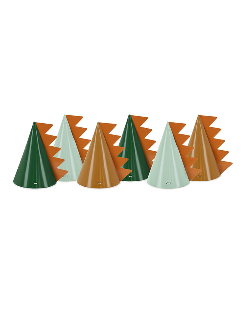 Momo Party's 5.5" Dinosaur Party Hats by Party Deco. Comes in a set of 6 party hats in 3 different colors of green, mint, and brown, these dinosaur party hat with a dinosaur spike on them are are perfect for your kid's dinosaur themed birthday party.