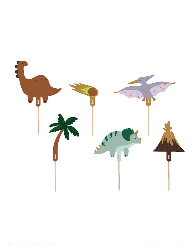 Momo Party's dinosaur themed cupcake toppers by Party Deco. Featuring various types of dinosaurs, a volcano, a meteor, a palm tree, these toppers are great additions to your cake, cupcakes or any baked goods, snacks at a dinosaur themed party.