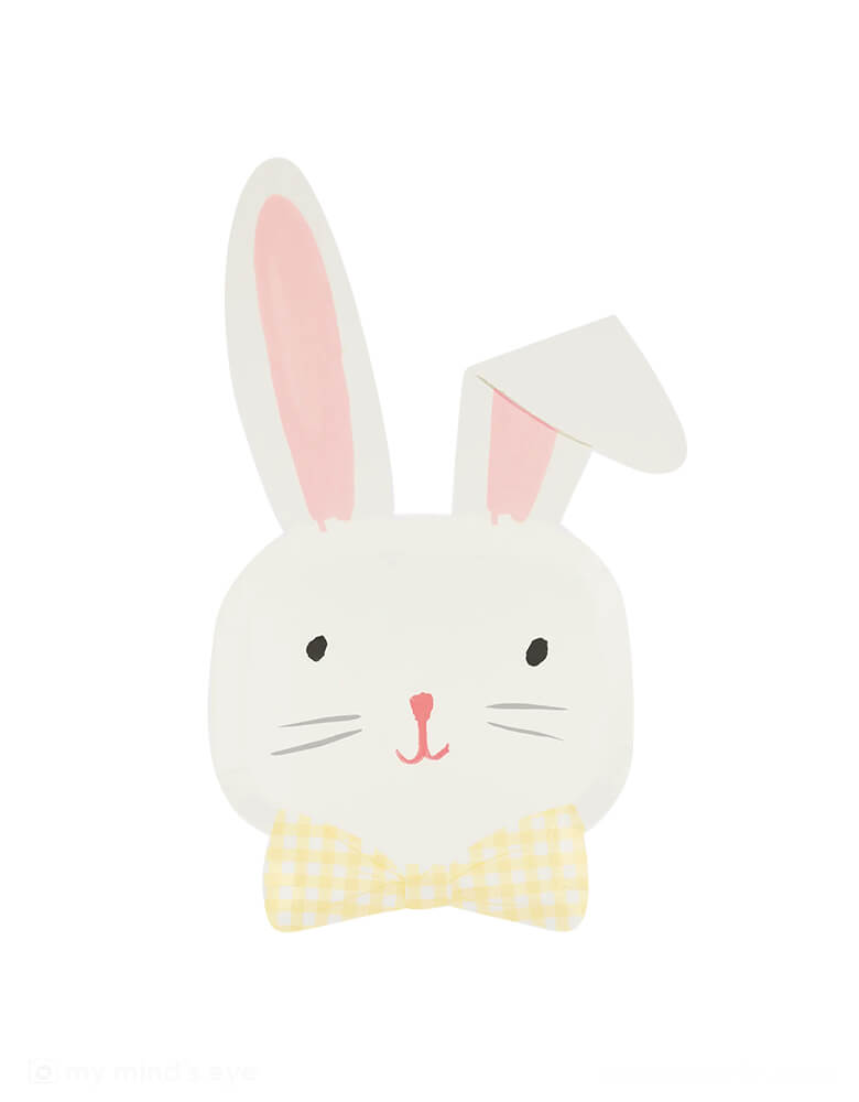 Momo Party's 7.25" x 11.625" Easter Bunny Shaped Plates by Meri Meri. Comes in a set of 8 paper plates, these bunny shaped plates are made from sustainable FSC paper. With yellow and white gingham bow details, they're adorable additions to your Easter table this spring!