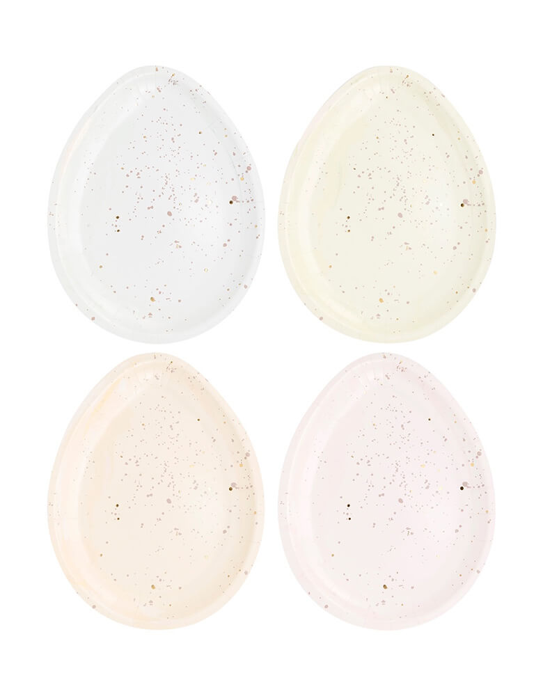 Momo Party's 7" x 9" Easter Egg Plate Set by My Mind's Eye. This playful set features speckled eggs in four colors, adding charm and whimsy to your table. Get your Easter celebration hopping with these quirky plates!