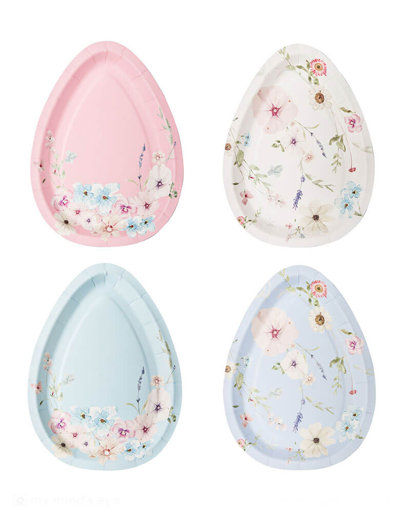 Momo Party's 4.5" x 8" Easter Egg Shaped Salad Plates by Sophisitiplate. A perfect die-cut plate in the shape of an egg with floral design in 4 colors including lilac, white, pink and blue. The perfect appetizer or dessert plate to showcase the stunning beauty of charming Easter! 