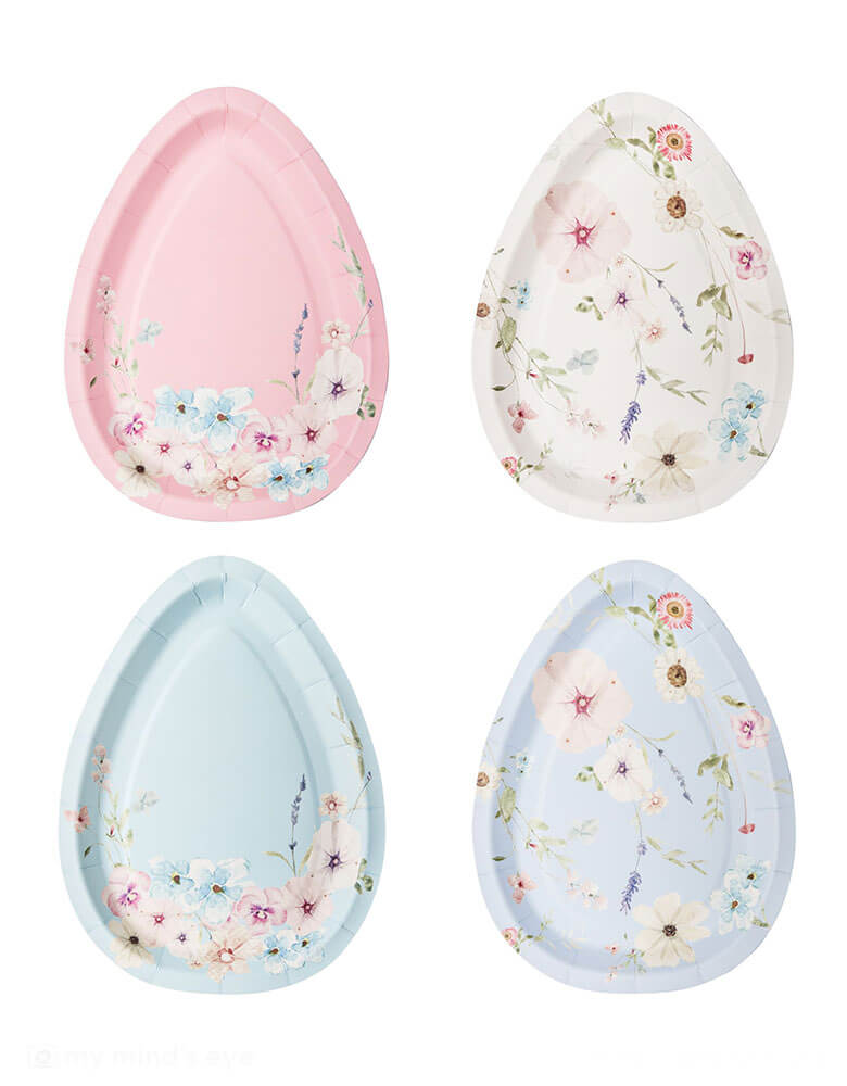 Momo Party's 4.5" x 8" Easter Egg Shaped Salad Plates by Sophisitiplate. A perfect die-cut plate in the shape of an egg with floral design in 4 colors including lilac, white, pink and blue. The perfect appetizer or dessert plate to showcase the stunning beauty of charming Easter!