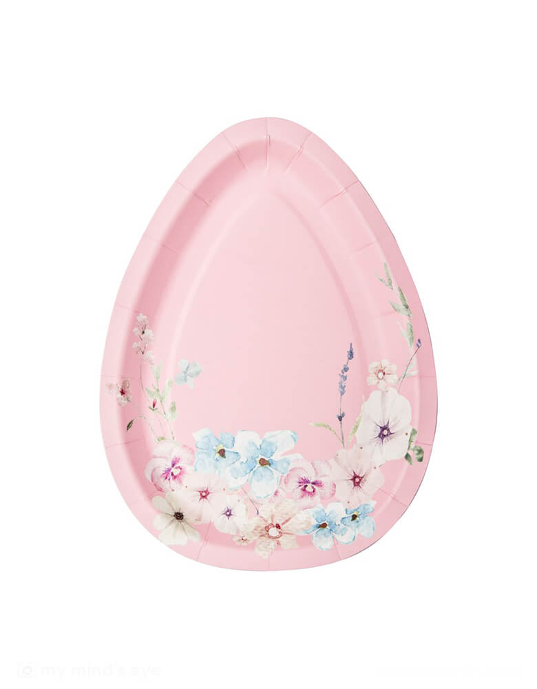 Momo Party's 4.5" x 8" Easter Egg Shaped Salad Plates by Sophisitiplate. A perfect die-cut plate in the shape of an egg with floral design in 4 colors including lilac, white, pink and blue. The perfect appetizer or dessert plate to showcase the stunning beauty of charming Easter!