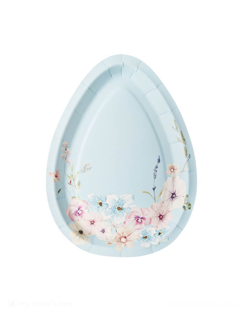 Momo Party's 4.5" x 8" Easter Egg Shaped Salad Plates by Sophisitiplate. A perfect die-cut plate in the shape of an egg with floral design in 4 colors including lilac, white, pink and blue. The perfect appetizer or dessert plate to showcase the stunning beauty of charming Easter!