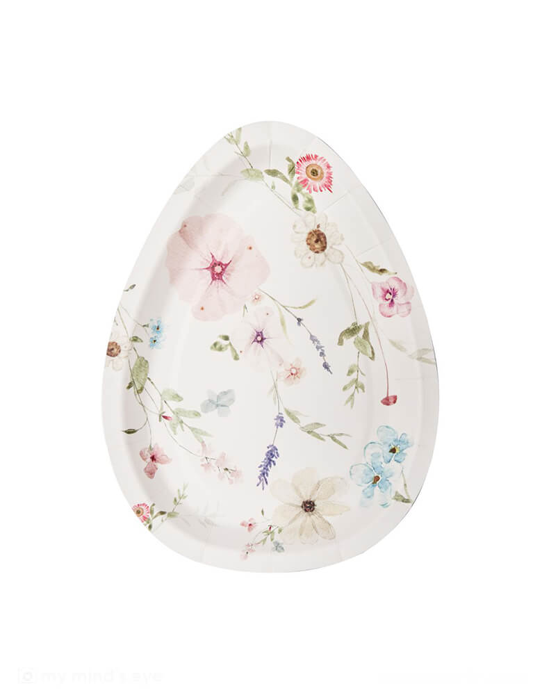 Momo Party's 4.5" x 8" Easter Egg Shaped Salad Plates by Sophisitiplate. A perfect die-cut plate in the shape of an egg with floral design in 4 colors including lilac, white, pink and blue. The perfect appetizer or dessert plate to showcase the stunning beauty of charming Easter!