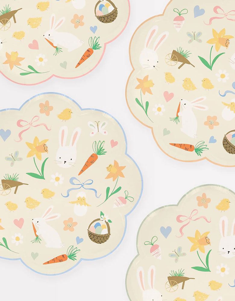 Momo Party's 10.5" Easter Icons Dinner Plates by Meri Meri. Comes in a set of 8 paper dinner plates in 4 colors on the boarder: pink, orange, mint, and blue, these scallop edged dinner plates feature iconic Easter themed illustrations including Easter bunnies, carrots, chicks, butterflies, flowers, bows, eggs, and daisies. These charming dinner plates will look great for your little ones at this year's Easter celebration.