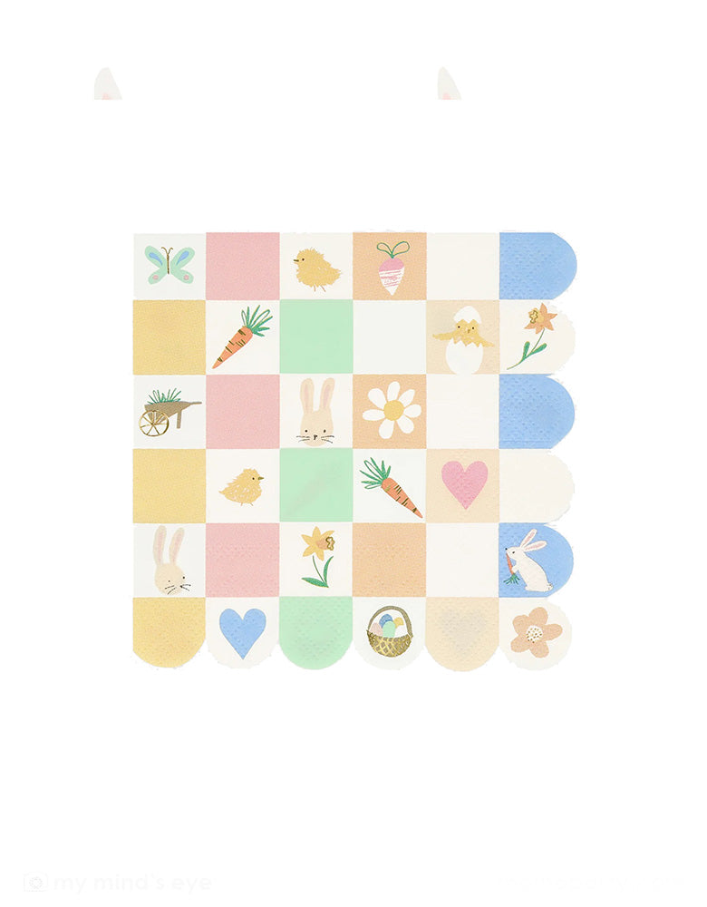 Momo Party's 6.5" x 6.5" Easter Icon Checkerboard Large Napkins by Meri Meri. Comes in a set of 16 napkins, these pastel checkerboard scalloped edged napkins feature iconic Easter themed illustrations including Easter bunnies, Easter baskets, Easter eggs, carrots, butterflies, chicks, hearts and flowers. The playful design in soft pastel colors are totally darling for a adorable Easter celebration.