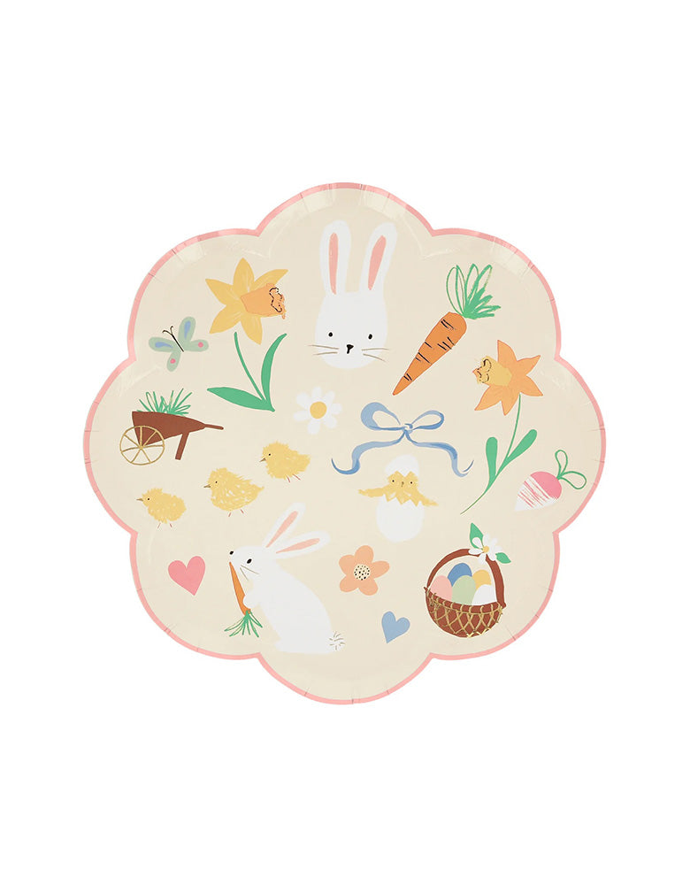 Momo Party's 8.5" Easter Icons Side Plates by Meri Meri. Comes in a set of 8 paper dinner plates in 4 colors on the boarder: pink, orange, mint, and blue, these scallop edged dinner plates feature iconic Easter themed illustrations including Easter bunnies, carrots, chicks, butterflies, flowers, bows, Easter basket, Easter eggs, and daisies. These charming dinner plates will look great for your little ones at this year's Easter celebration.