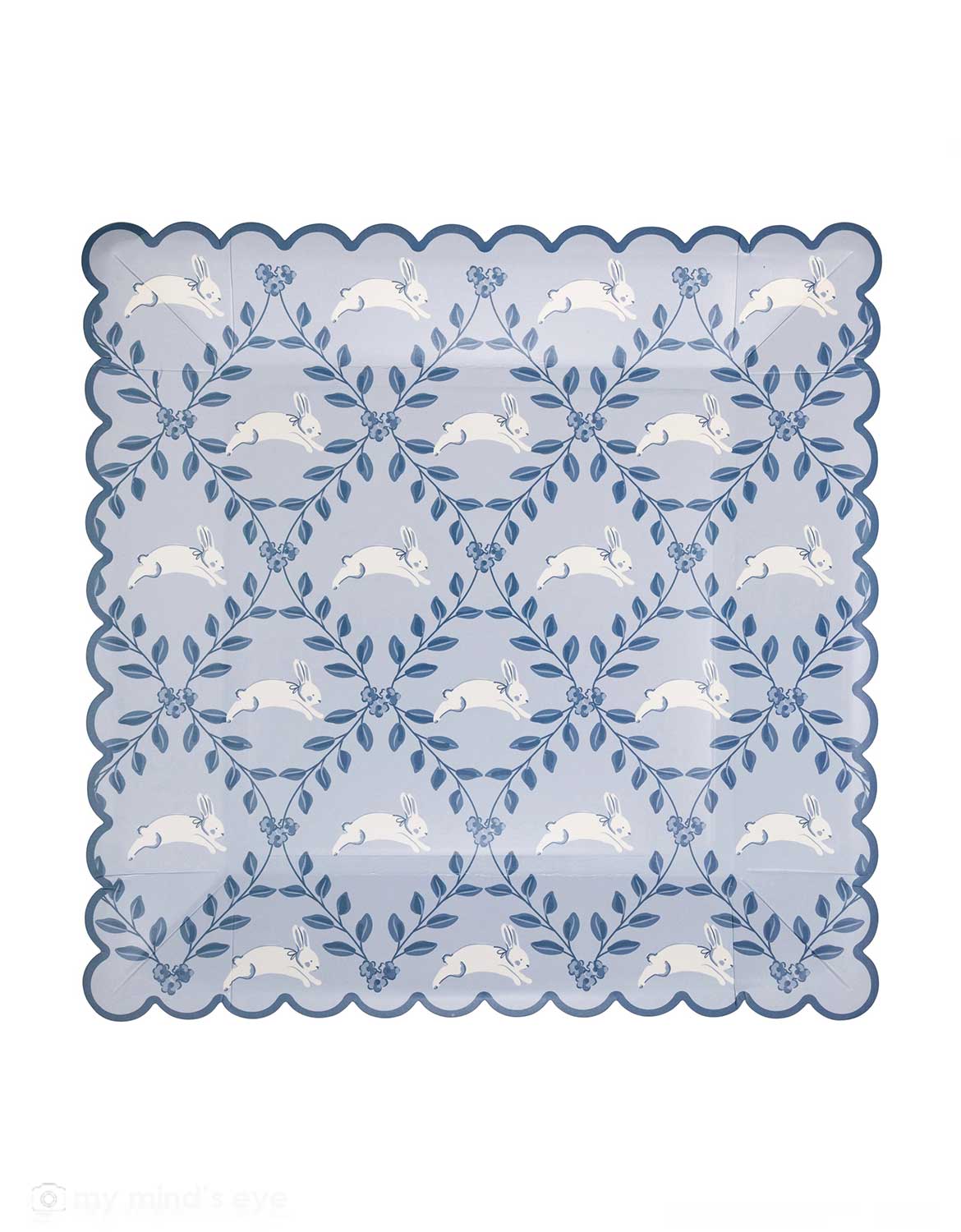 Momo Party's 9" Diamond Bunny Pattern Large Plate with white floral and bunny pattern by My Mind's Eye on a white background.